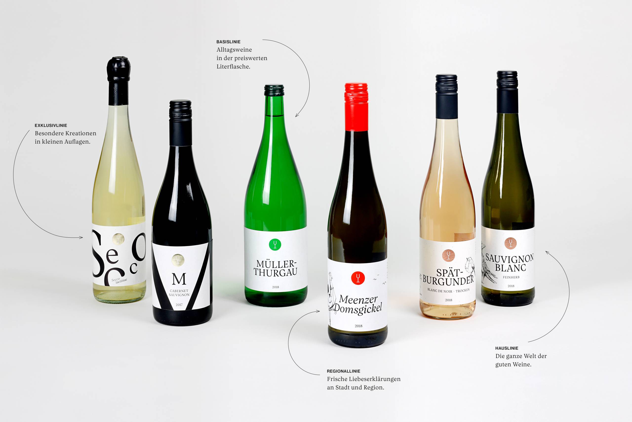 Sortiment und Flaschengestaltung der Weinlinien – Design by ANKER